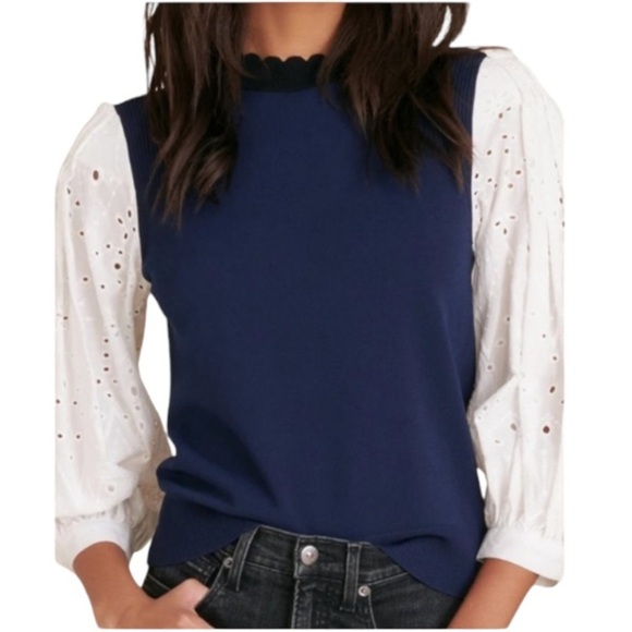 Veronica Beard Women's Roy Mixed Media Pullover Knit Sweater Navy White Size XS - Picture 4 of 13